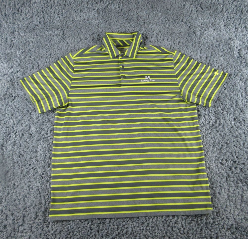 Under Armour Shirt Mens Extra Large Gray Yellow Striped Loose Heat Gear Polo